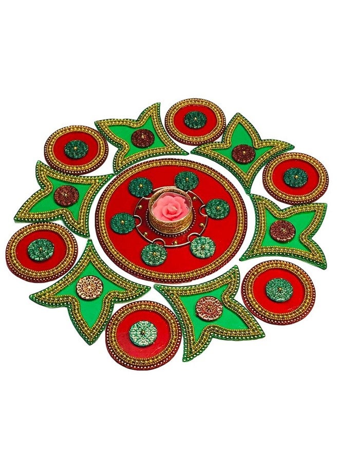 Moira ® Plastic Reusable Rangoli with Diya, Red and Green, 15 Inch Diameter - Image 4