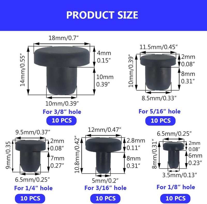 Alamic 50 PCS Silicone Plugs Rubber Hole Plugs Rubber 1/8" 3/16" 1/4" 5/16" 3/8" Stopper for Round Holes Waterproof Hole End Covers Soft Flexible Stopper Sealing Plugs Pipe Holes Test Tube Plugs - Image 2