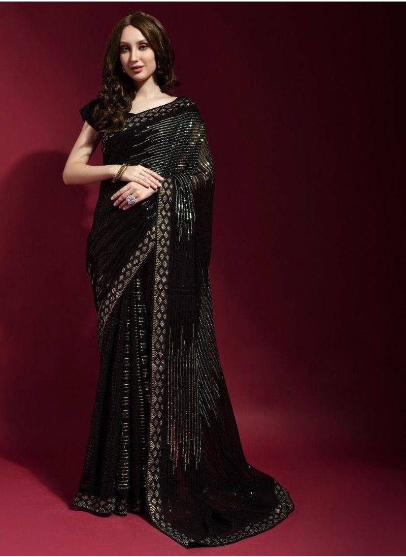 Grab Mantra - Georgette Black saree with Black and Goldsequence work and unstitched blouse - Image 1