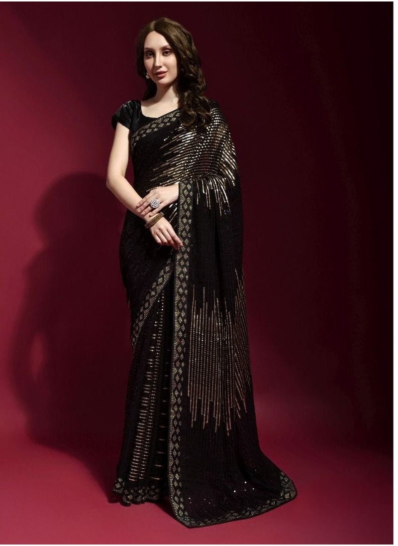 Grab Mantra - Georgette Black saree with Black and Goldsequence work and unstitched blouse - Image 1
