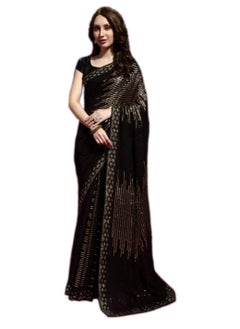 Georgette Black saree with Black and Goldsequence work and unstitched blouse