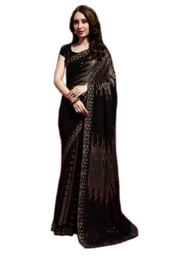 Grab Mantra - Georgette Black saree with Black and Goldsequence work and unstitched blouse - Image 1