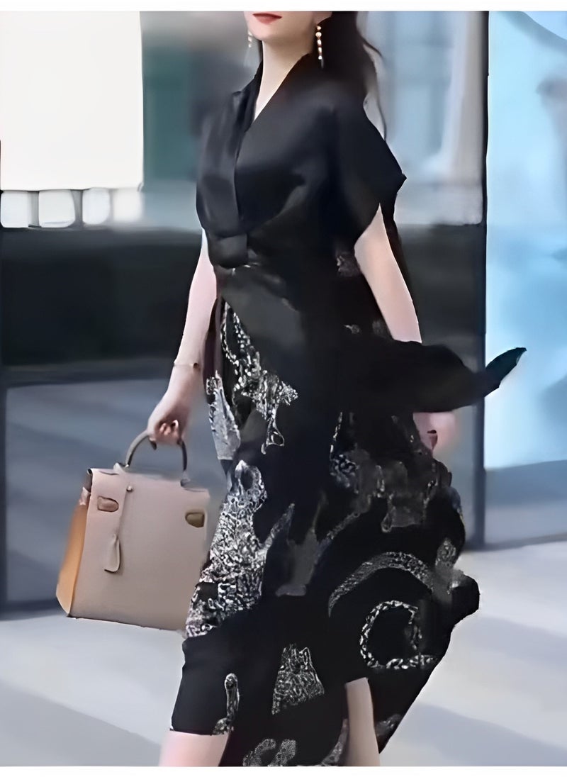 REOCLE Women's Satin Dress with Print Elegant Silk Dress A-Line Flowy Long Dress V Neck Short Sleeve Satin Dress  - Image 4
