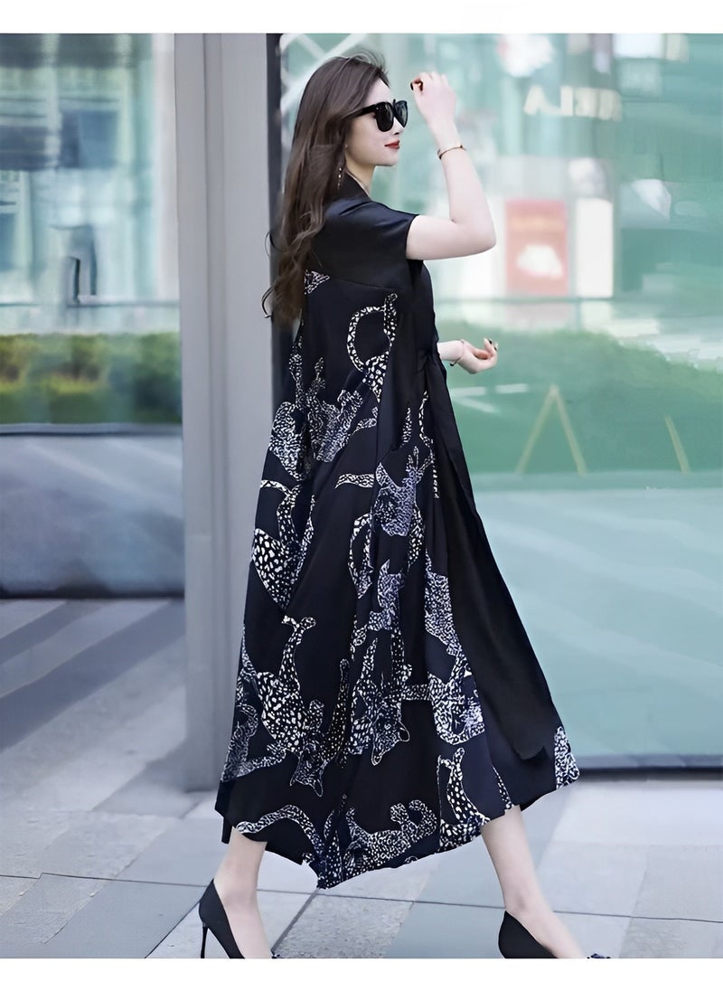 REOCLE Women's Satin Dress with Print Elegant Silk Dress A-Line Flowy Long Dress V Neck Short Sleeve Satin Dress  - Image 3