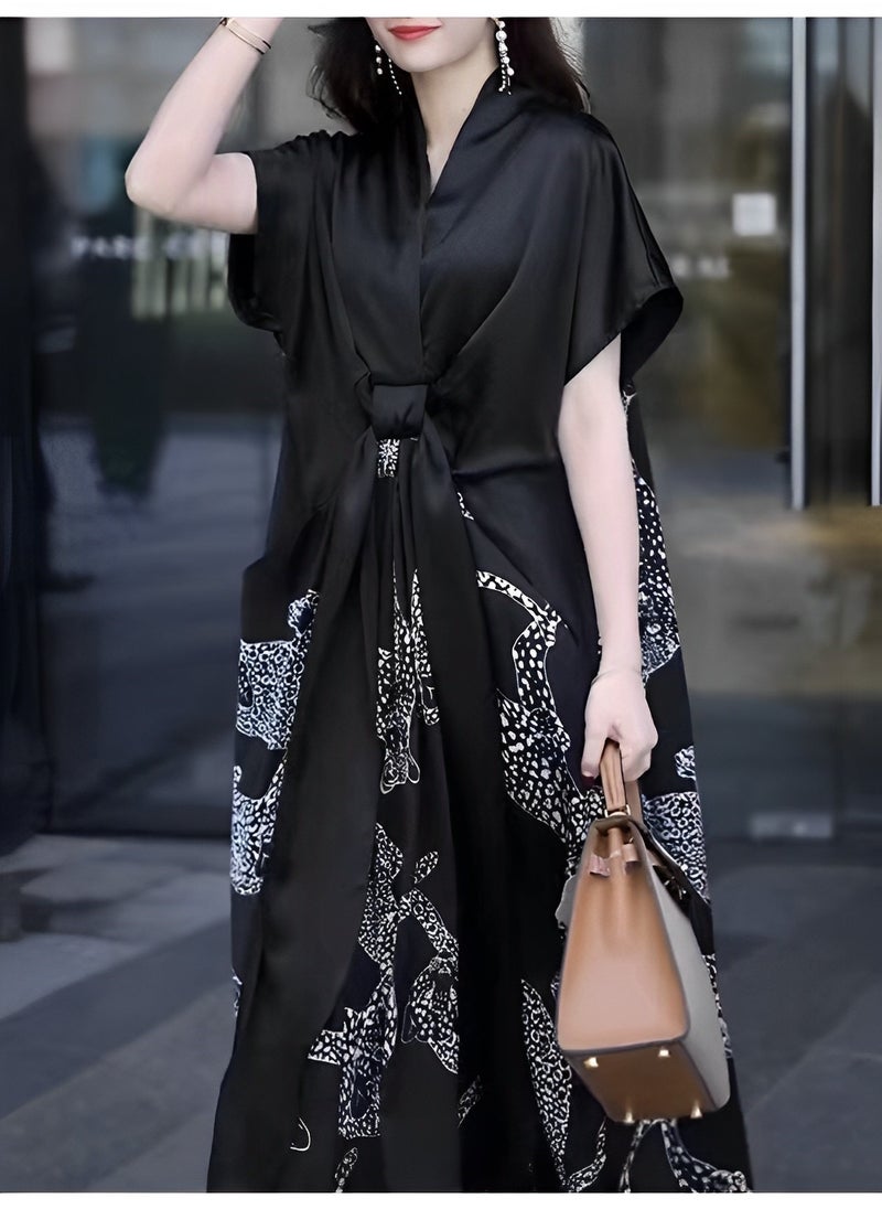 Women's Satin Dress with Print Elegant Silk Dress A-Line Flowy Long Dress V Neck Short Sleeve Satin Dress