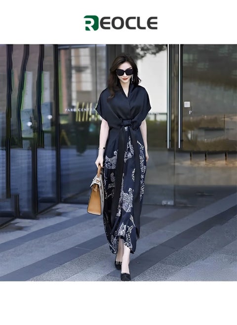 Women's Satin Dress with Print Elegant Silk Dress A-Line Flowy Long Dress V Neck Short Sleeve Satin Dress