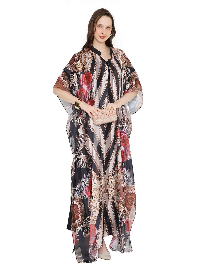 HANA & SARA MULTICOLOUR PRINTED LONG MODEST WITH COLLARED NECK ARABIC KAFTAN JALABIYA DRESSES  - Image 1