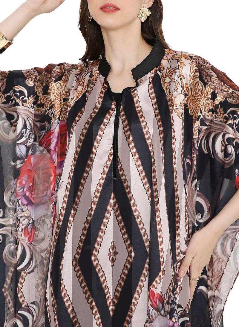 HANA & SARA MULTICOLOUR PRINTED LONG MODEST WITH COLLARED NECK ARABIC KAFTAN JALABIYA DRESSES  - Image 3