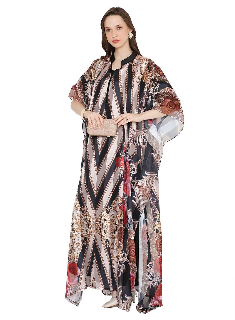 HANA & SARA MULTICOLOUR PRINTED LONG MODEST WITH COLLARED NECK ARABIC KAFTAN JALABIYA DRESSES  - Image 5