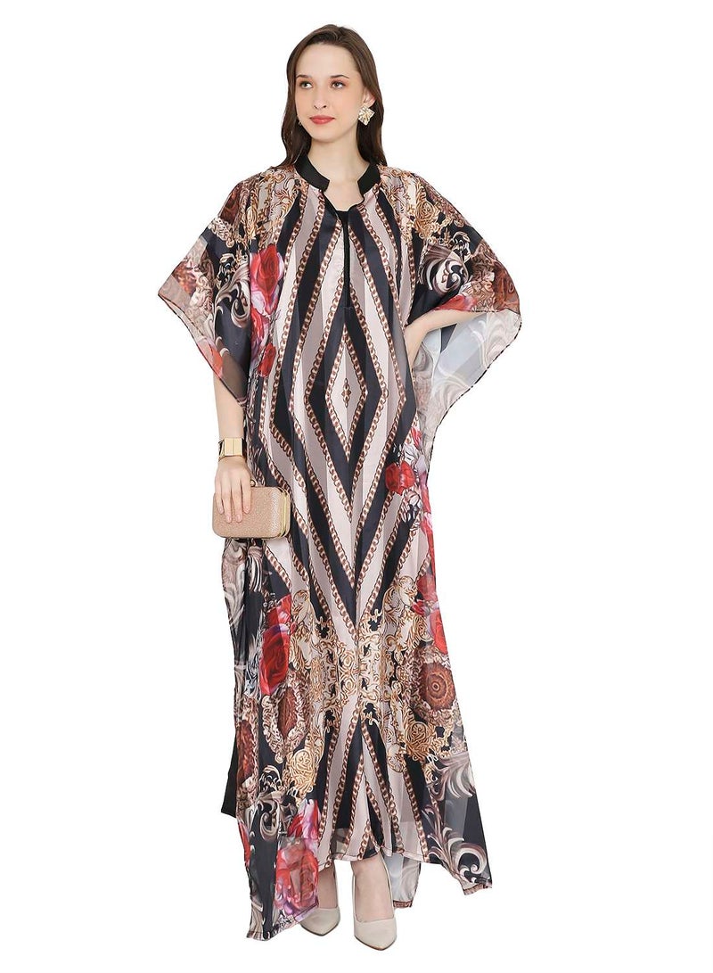 HANA & SARA MULTICOLOUR PRINTED LONG MODEST WITH COLLARED NECK ARABIC KAFTAN JALABIYA DRESSES  - Image 4