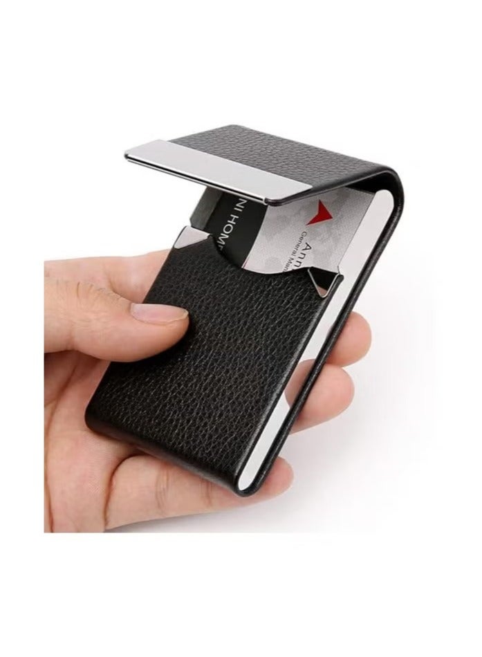 ZJTrio Business Card Holder Case, DELFINO Black Fashion Professional PU Leather Business Card Carrier, Luxury Metal Name Card Holder with Magnetic Shut, Wallet Credit Card ID Case for Men Women Best Gift  - Image 1