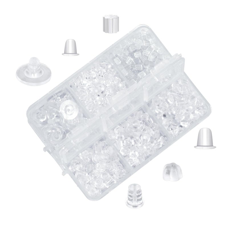 DSOMHZ 6 Styles Silicone Earring Backs for Studs/Droopy Ears/Heavy Earring, 600 Pcs Clear Soft Hypoallergenic Plastic Rubber Backs Replacements Backings Clutch Stoppers Kits - Image 1