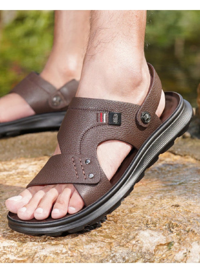 Old Man'S Head Top Grain Leather】men's Sandals Genuine Leather Summer Casual Beach Shoes Outdoor Thick Sole Dad's Flip Flops - Image 1