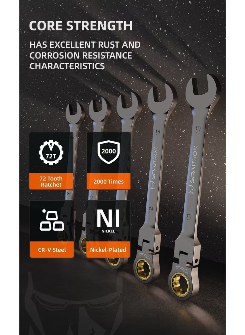 SPAITRON Professional Flex-Head Ratcheting Wrench Set, 8 Piece Metric (6-19mm) - 180° Swivel Head, 72-Teeth CR-V Steel with Nickel-Plated Finish, Heavy Duty Tool Kit with Plastic Storage Rack for Auto & Home DIY - Image 4