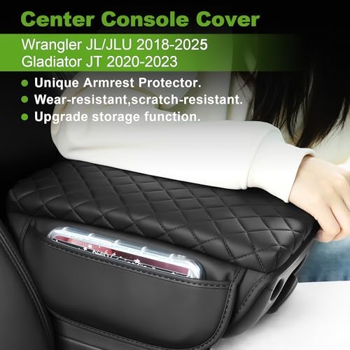 SDPVorn Armrest Cover for Jeep Wrangler Center Console Pad with Organizer Storage Pockets, Black Faux Leather Arm Rest Lid Protector Cushion Interior Accessories (2018-2025 Wrangler JL & Gladiator JT) - Image 3