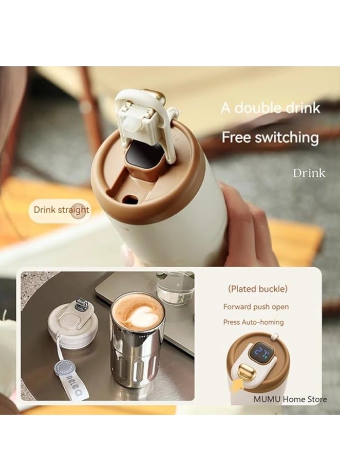 عربست كوب سفر مزود بشاشة عرض درجة الحرارة، أكواب قهوة محمولة، أدوات شرب صيفية وشتوية، كوب قهوة مفرغ من الفولاذ المقاوم للصدأ 316، كوب حراري مقاوم للتسرب، أبيض - Image 2