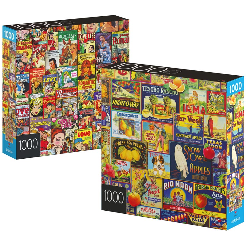 Spin Master Games, 1000-Piece Jigsaw Puzzles 2-Pack, Retro Comics & Fruit Labels, Puzzles for Kids Ages 8 & Up - Image 1