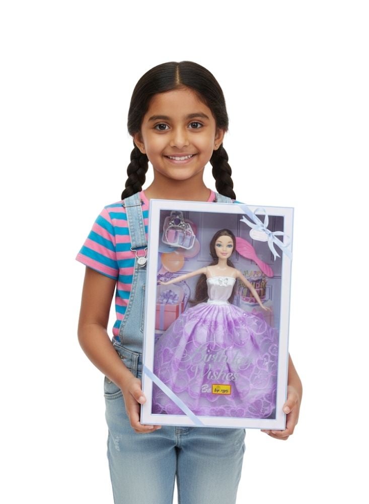 بريميم دمية أنيقة لحفلات أعياد الميلاد، ترتدي فستان سهرة بلون الخزامى، مع علبة هدايا أنيقة – دمية احتفالية راقية للفتيات - Image 1