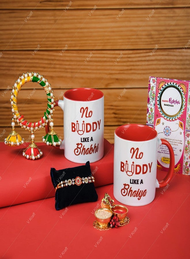 V Kraft "NO Buddy Like A BHAIYA BHABHI Printed red Inner Color Coffee Mug with Designer Rakhi for bhaiya bhabhi with roli chawal and Rakhi Special Wishes Card |330 ml (RED 3 Tone 08) - Image 1