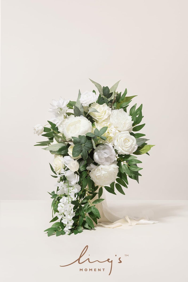 Ling's Moment White Bridal Bouquet Cascading, Ivory Wedding Bouquets for Bride, 15 Inch Bride Bouquets for Wedding Artificial Flowers Bouquets - Image 2