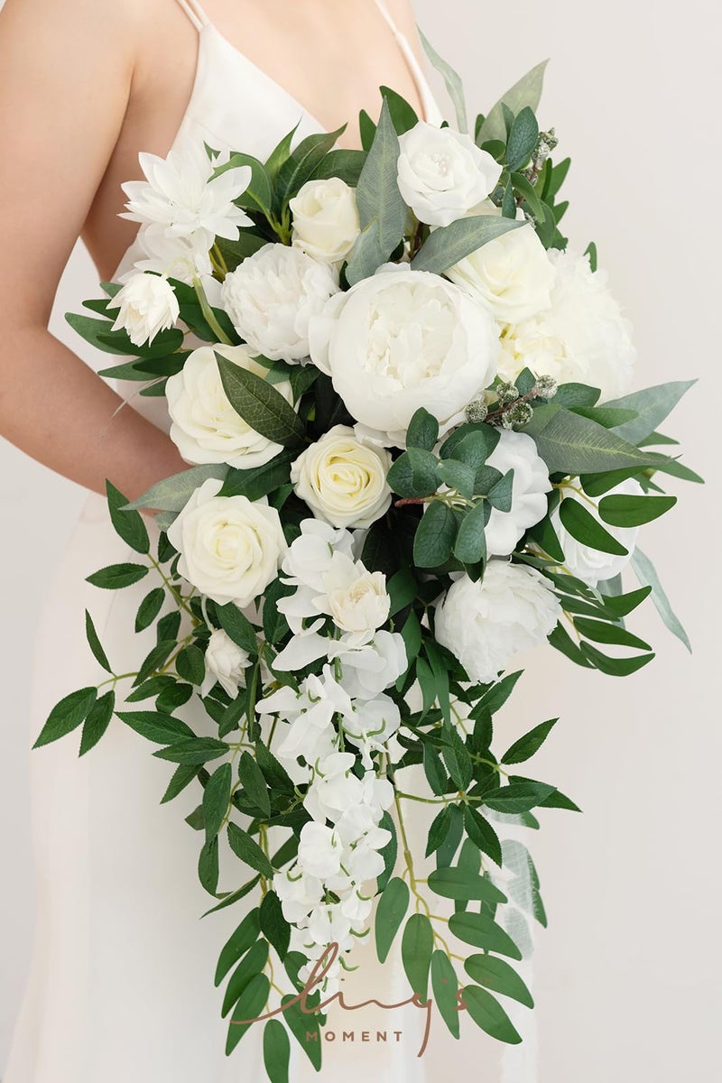 Ling's Moment White Bridal Bouquet Cascading, Ivory Wedding Bouquets for Bride, 15 Inch Bride Bouquets for Wedding Artificial Flowers Bouquets - Image 4