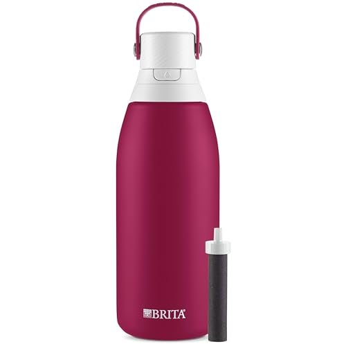 Brita Insulated Filtered Water Bottle with Straw, Christmas Gift and Stocking Stuffer For Men and Women, Reusable, Stainless Steel Metal, Ruby, 32 Ounce - Image 1