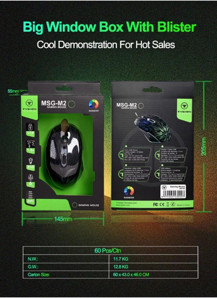 TENSION Wired Gaming Mouse for Computer and Laptop - RGB Lights with 6 Buttons 2400 DPI, MSG-M2 is intended for computer gamers and multi-use at home or office