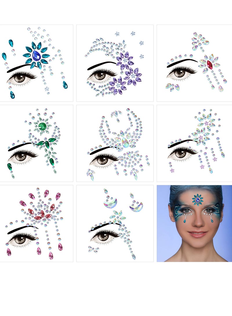 Excefore Face Gems, 8 Sets Stick-On Face Jewels, Rhinestones for Eyes and Body, Rave Outfits, Euphoria Fairy Makeup, Festival, Costume, and Party Accessories - Image 1