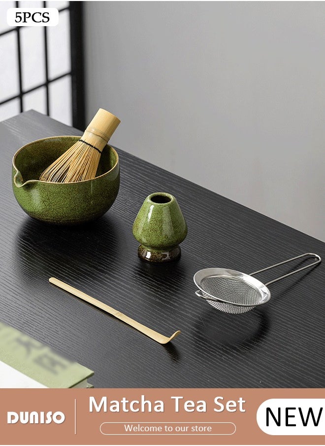 DUNISO 5pcs Matcha Whisk Set, Japanese Matcha Tea Set, Matcha Bowl with Pouring Spou, Matcha Bamboo Whisk,Stainless Steel Tea Sifter, Matcha Whisk Holder, Traditional Scoop,Japanese Matcha Ceremony Accessory Matcha Tea Making Kit  - Image 1