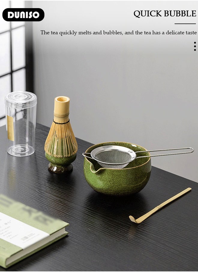 DUNISO - 5pcs Matcha Whisk Set, Japanese Matcha Tea Set, Matcha Bowl with Pouring Spou, Matcha Bamboo Whisk,Stainless Steel Tea Sifter, Matcha Whisk Holder, Traditional Scoop,Japanese Matcha Ceremony Accessory Matcha Tea Making Kit - Image 1