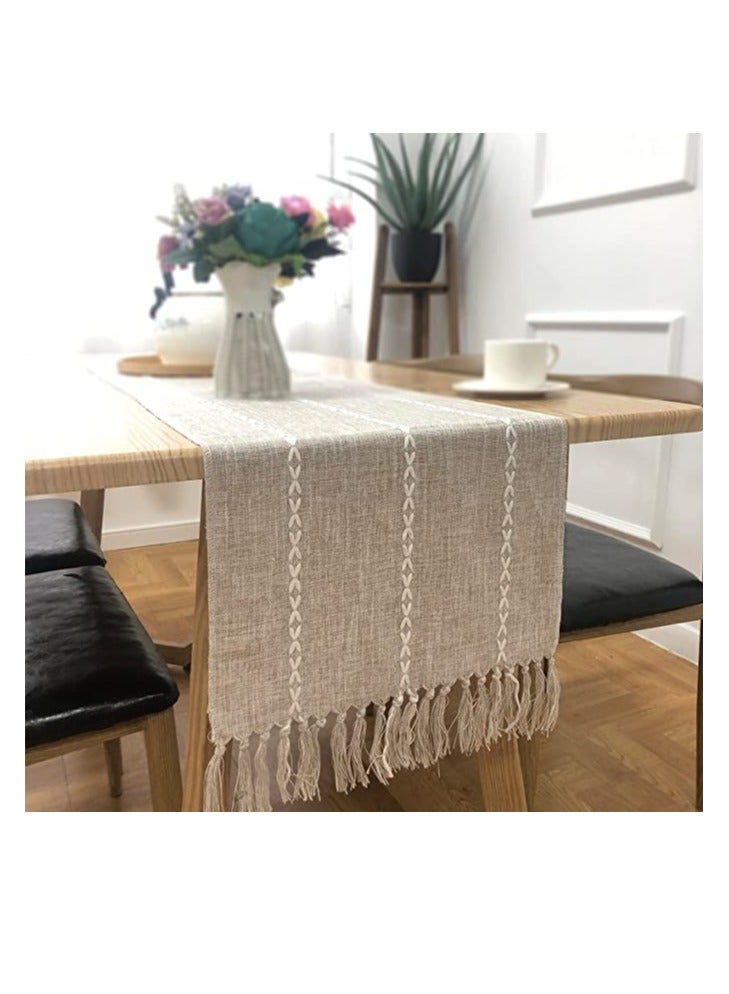 Excefore Braided Farmhouse Table Runner, Cotton Linen Boho Table Runner, Vintage Woven Table Runner, Cotton Linen Table Decorations with Tassel for Dining Party Holiday Braided Desert Sage 13 x 70'' - Image 2
