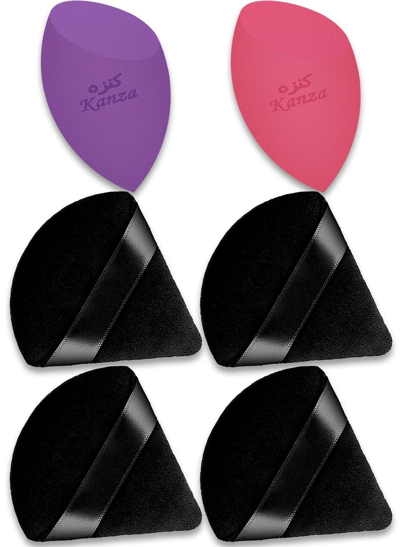 Kanza 6 قطع إسفنجة مكياج بيضاوية الشكل ومخدة بودرة مكياج مثلثة الشكل أداة خلط تجميل للوجه لمنتجات الجمال خالية من اللاتكس إسفنجة بيضوية الشكل ومخدة مثلثة الشكل - Image 1