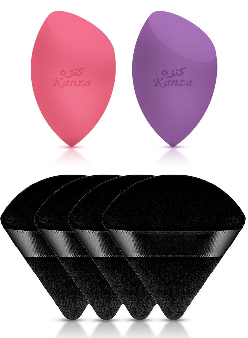 Kanza 6 قطع إسفنجة مكياج بيضاوية الشكل ومخدة بودرة مكياج مثلثة الشكل أداة خلط تجميل للوجه لمنتجات الجمال خالية من اللاتكس إسفنجة بيضوية الشكل ومخدة مثلثة الشكل - Image 2