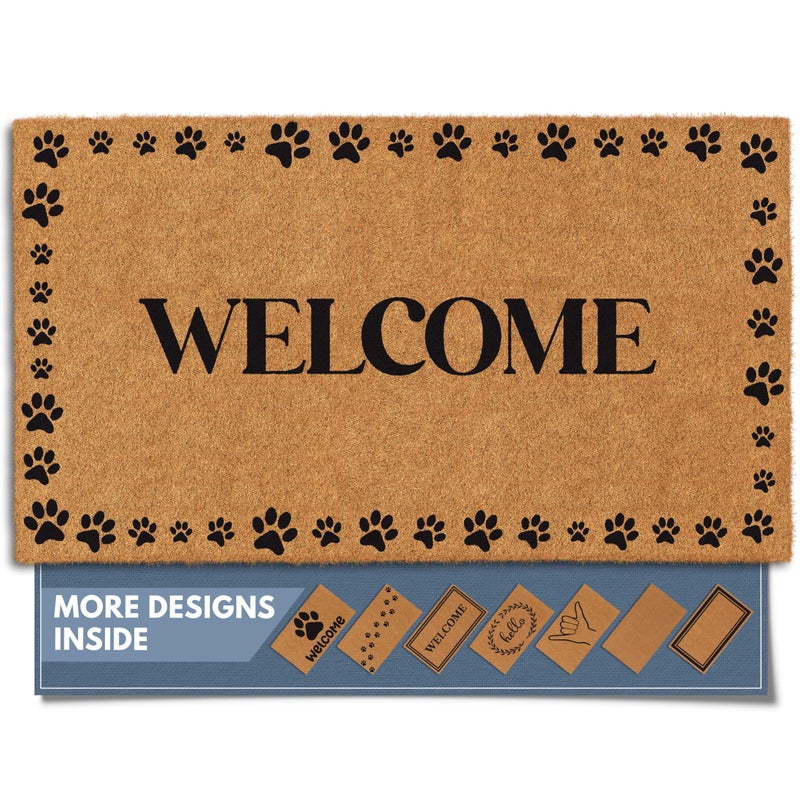 Barnyard Designs Natural Coco Coir Heavy Duty Backing Doormat - Large Cute Non-Slip Front Door Welcome Mat for Outside Entrance or Porch Entry, Brown (17x30, Welcome Paws) - Image 1