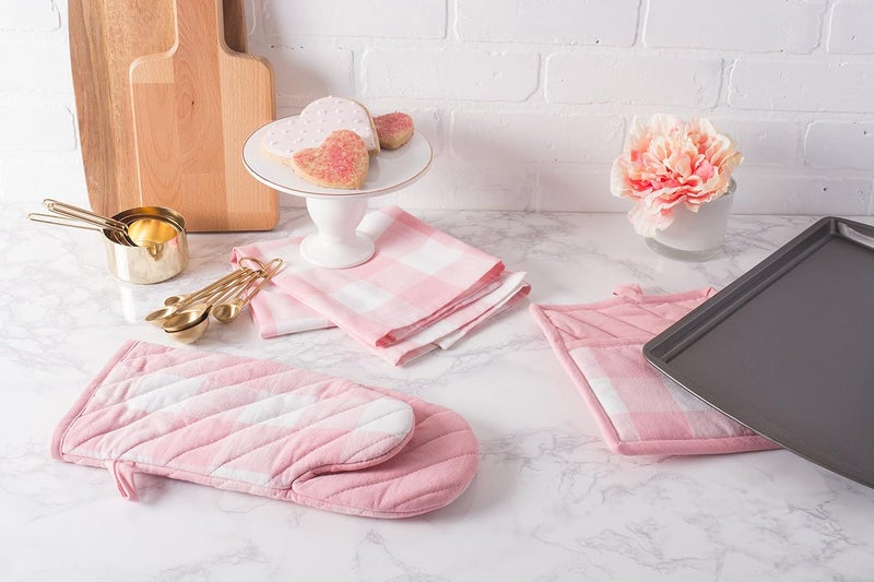 DII Buffalo Check Kitchen Collection, Classic Farmhouse Kitchen Set, Oven Mitt, Pink &White, 2 Piece - Image 5
