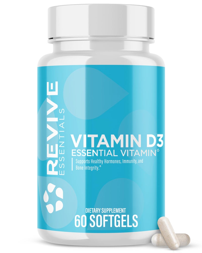 revive مكمل فيتامين د3 من ريفيف MD 5000 وحدة دولية بتركيز عالٍ من كوليكالسيفيرول لدعم المناعة وامتصاص الكالسيوم وصحة العظام والعضلات مكمل غذائي غير معدل وراثيًا بدون مواد مالئة 60 كبسولة لينة