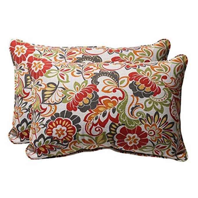 BRIGHT FLORAL INDOOROUTDOOR ACCENT THROW PILLOW PLUSH FILL WEATHER AND FADE RESISTANT LUMBAR 165 X 245 GREENRED ZOE 2 COUNT