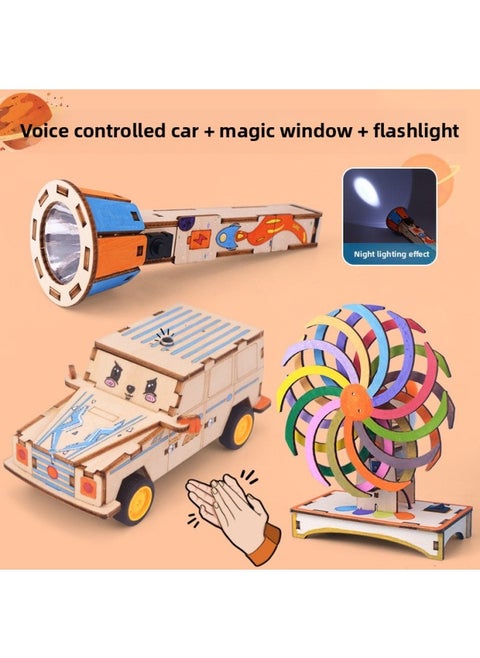 Voice Control Car Model Technology Small Making Small Invention Primary School Students Diy Handmade Material Package Grade 5 Grade 6-Specifications:Voice Controlled Car + Magic Window + Flashlight