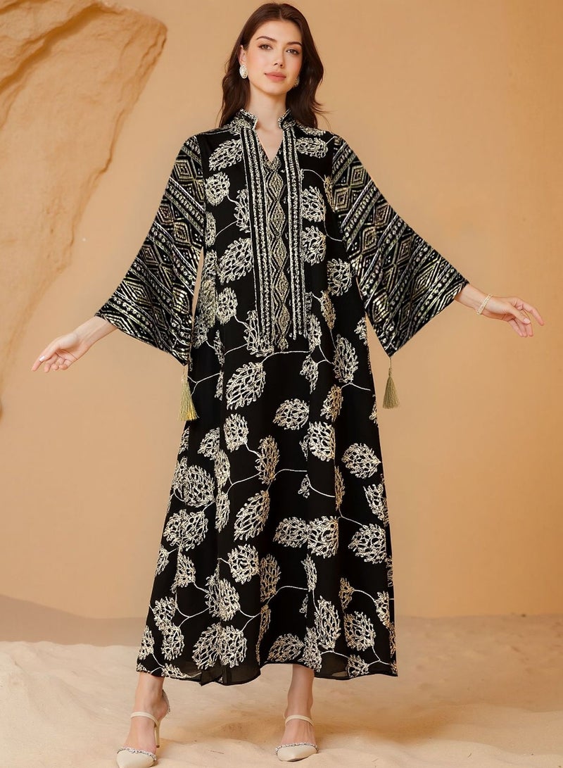 Elegant Dubai Kaftan Evening Dress for Women – Embroidered Mesh with Sequins, Flared Sleeves & Tassel Cuffs – Modest Muslim Maxi Gown for Parties & Events - Image 1