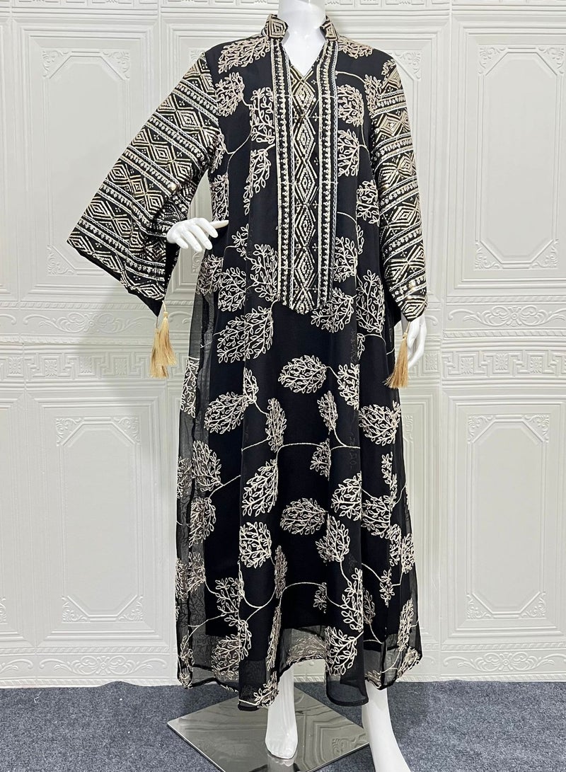 Elegant Dubai Kaftan Evening Dress for Women – Embroidered Mesh with Sequins, Flared Sleeves & Tassel Cuffs – Modest Muslim Maxi Gown for Parties & Events - Image 3