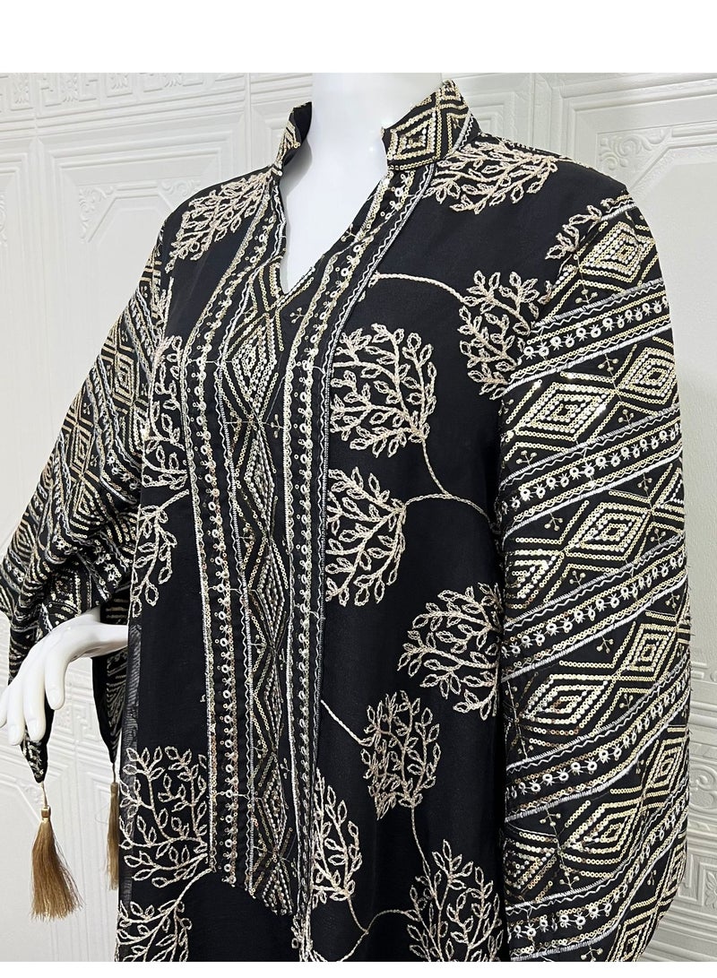 Elegant Dubai Kaftan Evening Dress for Women – Embroidered Mesh with Sequins, Flared Sleeves & Tassel Cuffs – Modest Muslim Maxi Gown for Parties & Events - Image 4