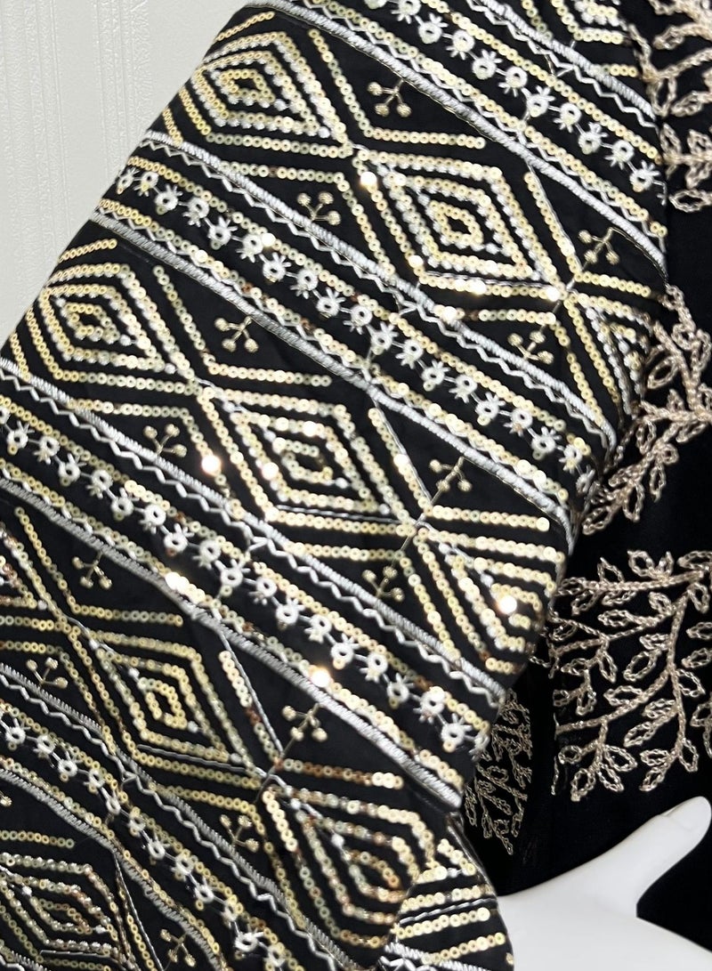 Elegant Dubai Kaftan Evening Dress for Women – Embroidered Mesh with Sequins, Flared Sleeves & Tassel Cuffs – Modest Muslim Maxi Gown for Parties & Events - Image 5