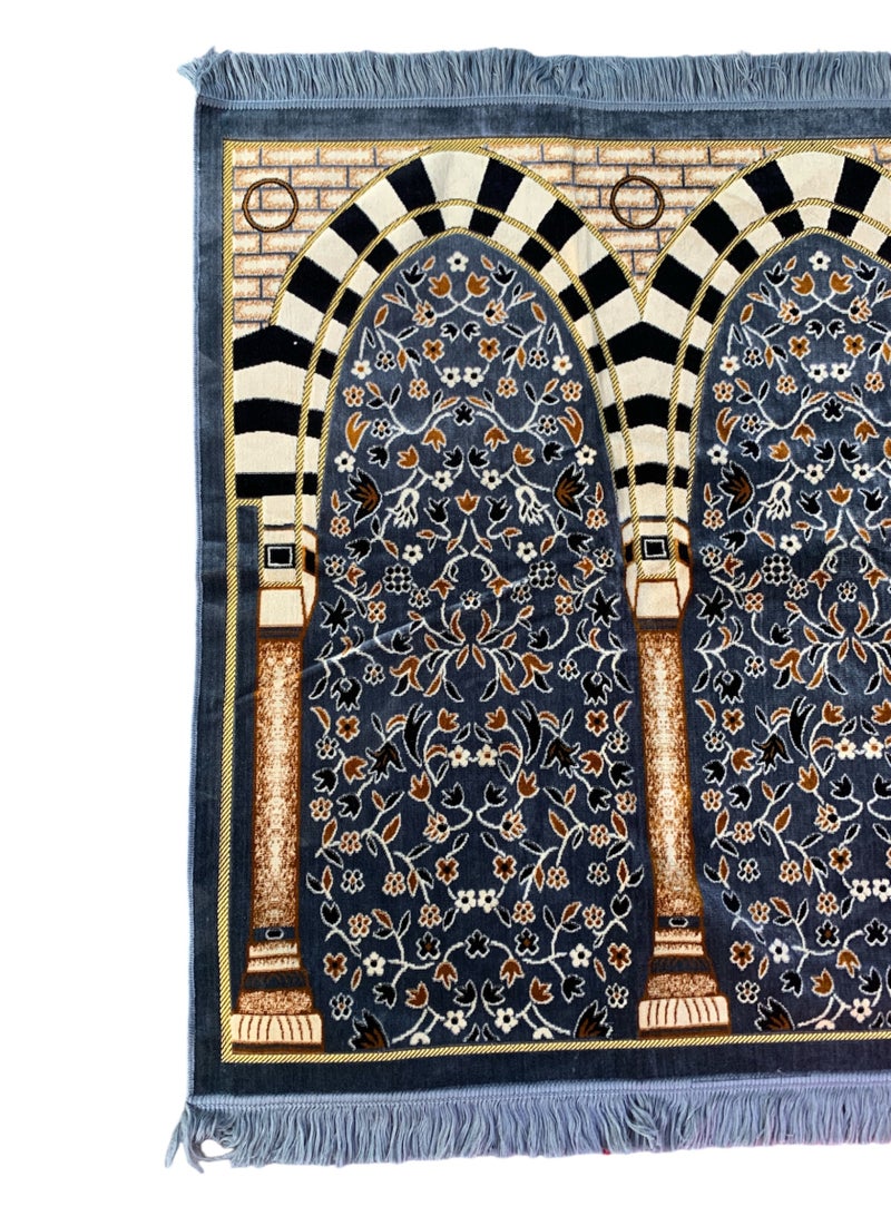 سجادة صلاة للمسلمين | سجادة عائلية لأربعة أشخاص | إسلامية | مصلى | ألوان متعددة | تصميم مزخرف | نقوش هندسية | حواف مقوسة مع شرابات | قماش مخملي | لأربعة أشخاص (رمادي) - Image 2