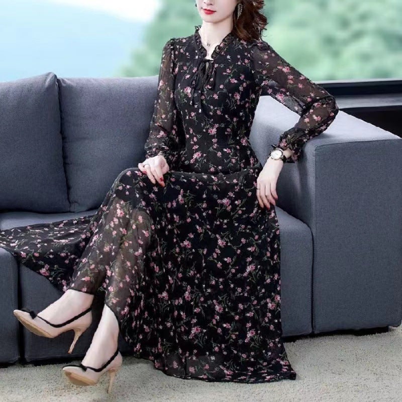 Chiffon Shirt Womens Long Sleeve 2024 Spring New Arrival Floral dress Womens plus size chubby girl Age-reducing Base Long Skirt Black [long sleeves]