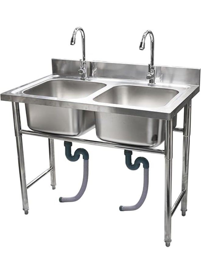 AL KHAYAM حوض غسيل تجاري قائم بذاته من الفولاذ المقاوم للصدأ مع ظهر مرتفع، لمطبخ بار أو مطعم مع صنبور (GR-SK2 - DOUBLE BOWL) - Image 1