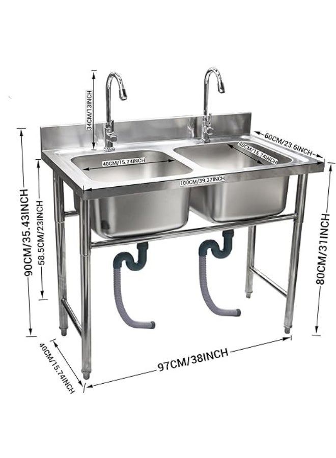 AL KHAYAM حوض غسيل تجاري قائم بذاته من الفولاذ المقاوم للصدأ مع ظهر مرتفع، لمطبخ بار أو مطعم مع صنبور (GR-SK2 - DOUBLE BOWL) - Image 2