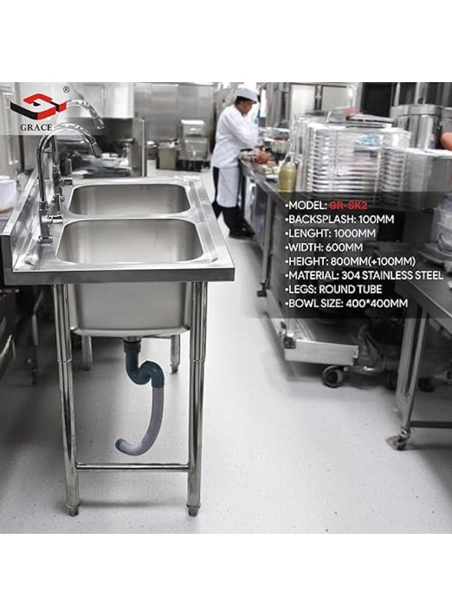 AL KHAYAM حوض غسيل تجاري قائم بذاته من الفولاذ المقاوم للصدأ مع ظهر مرتفع، لمطبخ بار أو مطعم مع صنبور (GR-SK2 - DOUBLE BOWL) - Image 3