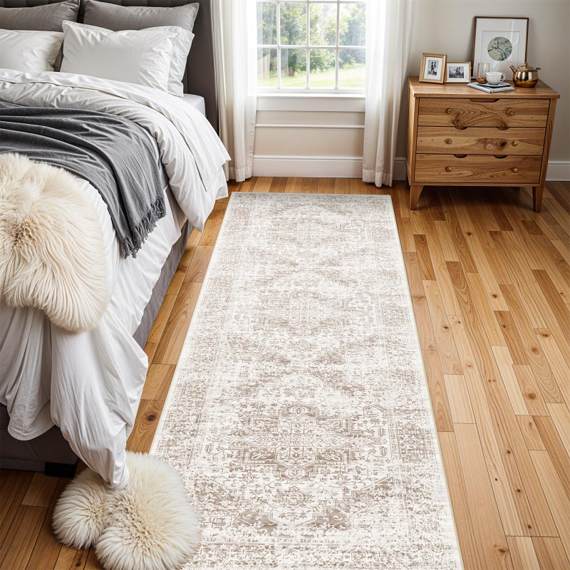 EISUROM Washable 2'6''x8' Runner Rug - Non-Slip Vintage Runner Rug for Entryway Low-Pile Medallion Long Rugs for Hallway Waterproof Traditional Indoor Thin Rug for Kitchen (Cream/Beige) - Image 5