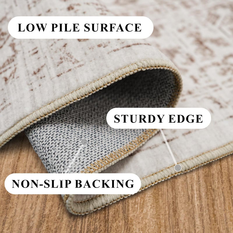 EISUROM Washable 2'6''x8' Runner Rug - Non-Slip Vintage Runner Rug for Entryway Low-Pile Medallion Long Rugs for Hallway Waterproof Traditional Indoor Thin Rug for Kitchen (Cream/Beige) - Image 2