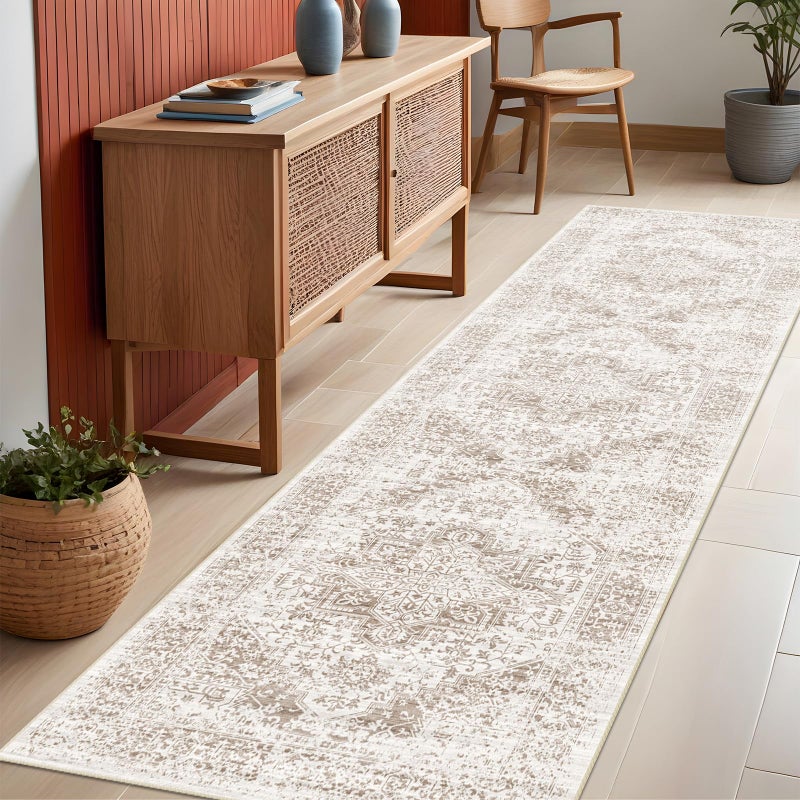 EISUROM Washable 2'6''x8' Runner Rug - Non-Slip Vintage Runner Rug for Entryway Low-Pile Medallion Long Rugs for Hallway Waterproof Traditional Indoor Thin Rug for Kitchen (Cream/Beige) - Image 3